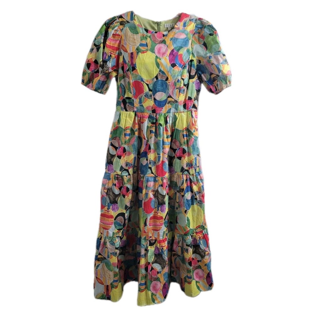 TCEC Cotton Puff Sleeve Tiered Midi Dress M Pockets Colorful Print Lined